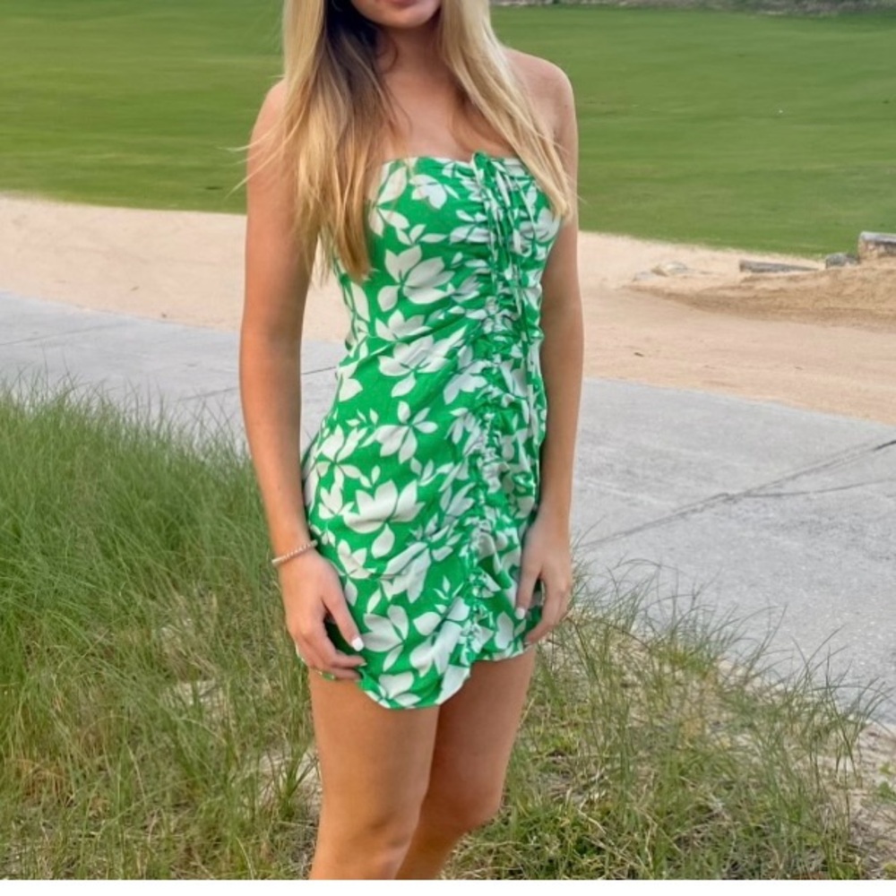 Green Floral Strapless Dress size small worn once